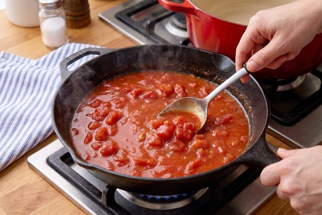Tomato sauce and diced tomatoes being stirred in a deep skillet, turning glossy and simmer-ready