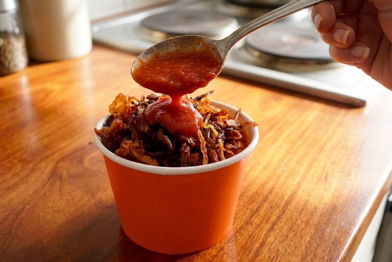 Tomato sauce being spooned over a bowl of koshari on a kitchen counter with warm natural light