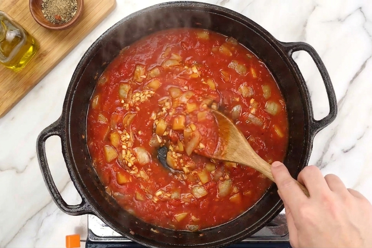 Tomato sauce being stirred in a Dutch oven with visible sautéed onions and garlic, steam rising from the pot on a home stove