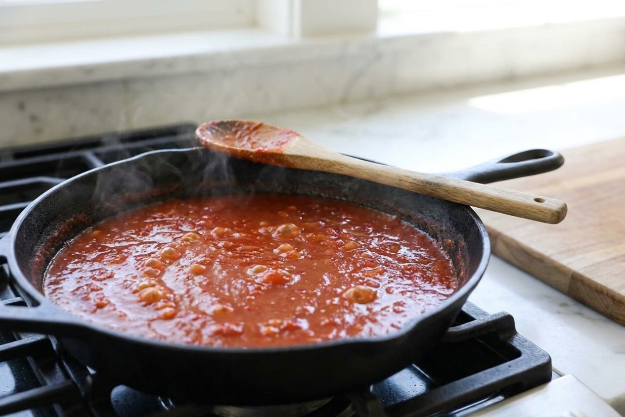 Tomato sauce bubbling gently in a deep skillet on a stovetop with a wooden spoon resting on the rim