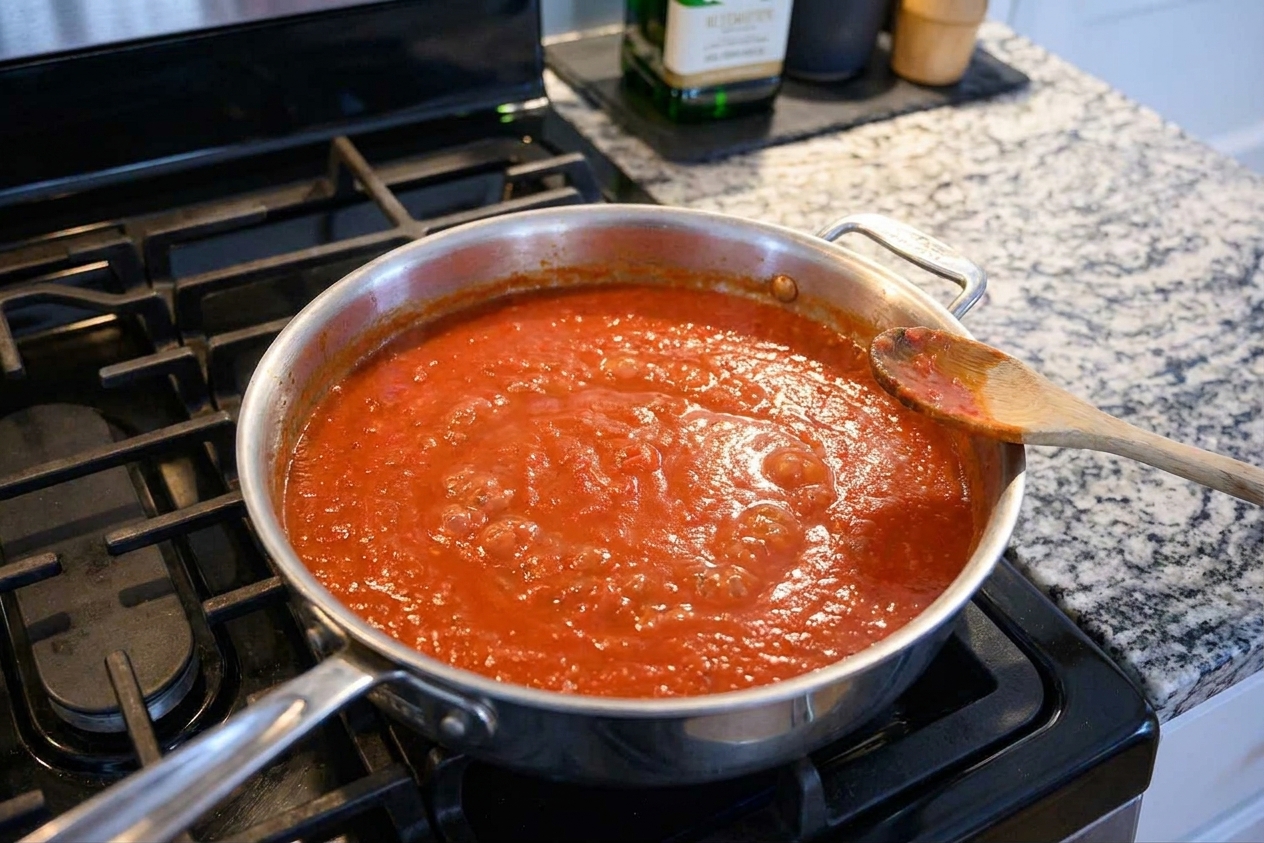Tomato sauce gently simmering in a wide skillet on a stovetop with a wooden spoon resting on the pan edge