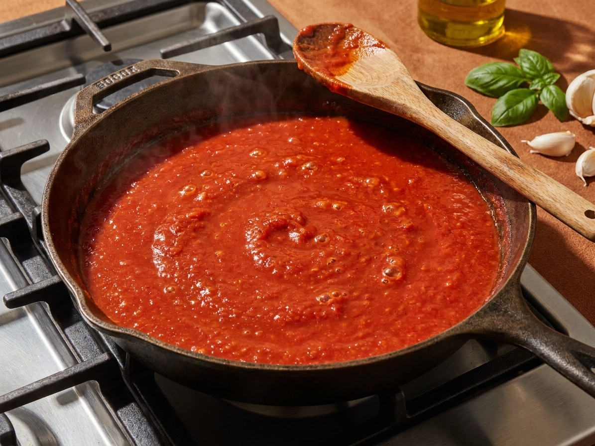 Tomato sauce gently simmering in a wide skillet on a stovetop with a wooden spoon resting on the edge