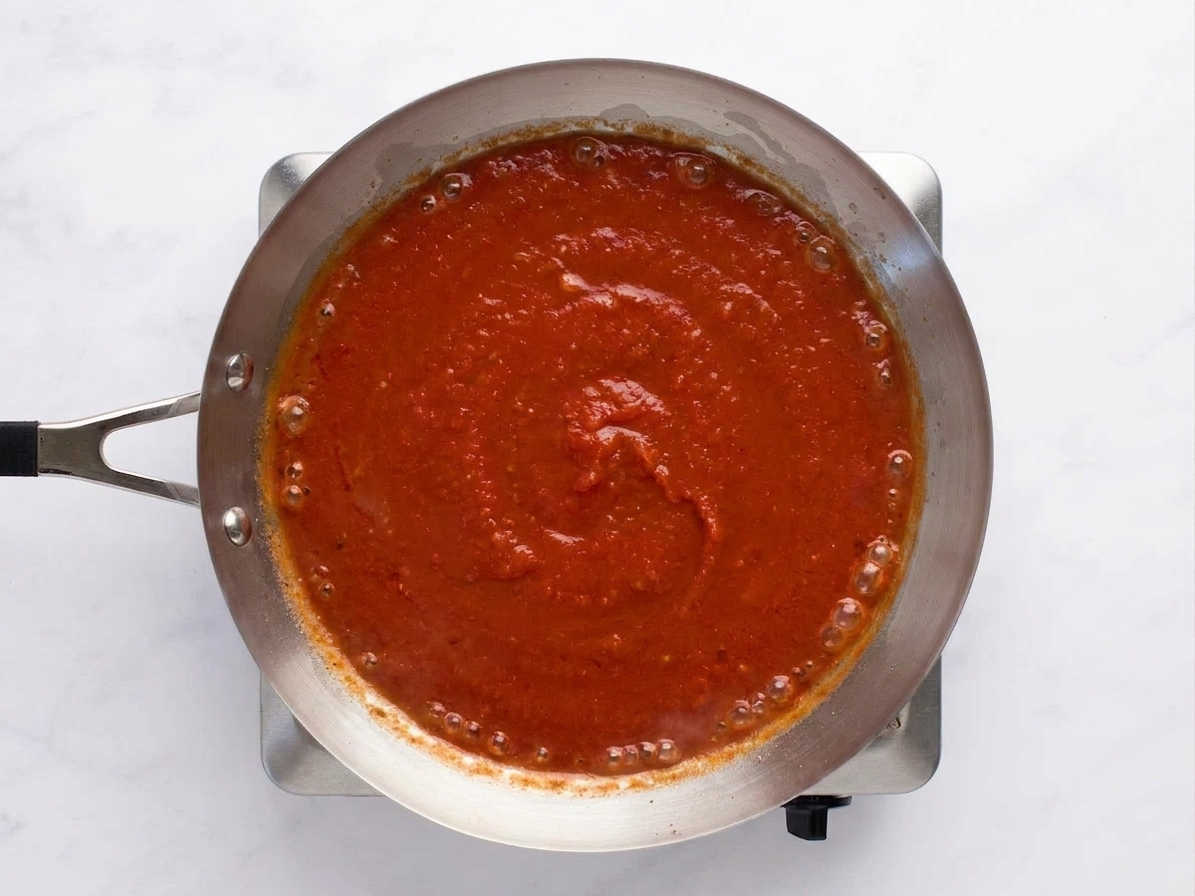 Tomato sauce gently simmering in a wide skillet with small bubbles around the edges on a home stove