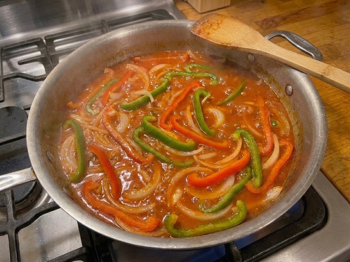 Tomato sauce simmering in a large skillet with visible pepper strips and small bubbles breaking the surface