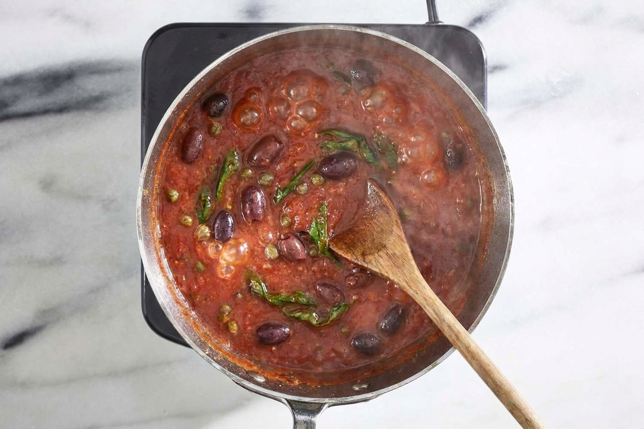 Tomato sauce simmering in a skillet with Kalamata olives and capers stirred in, bubbles breaking at the surface