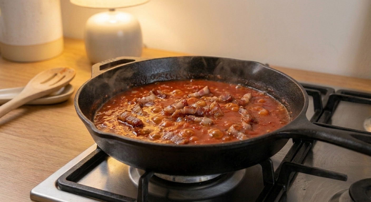 Tomato sauce simmering in a skillet with crisp guanciale pieces visible on the surface, gentle bubbles rising
