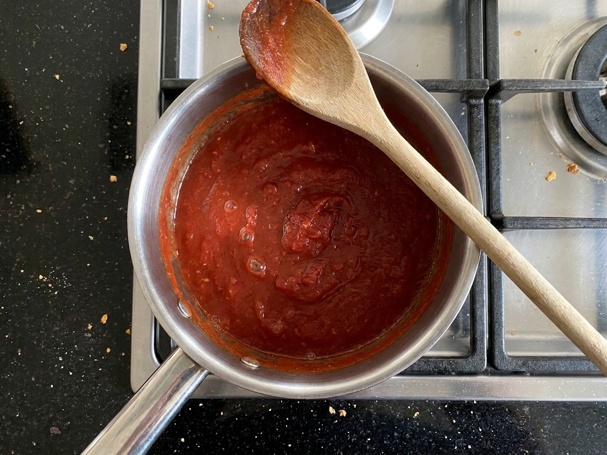 Tomato sauce simmering in a small saucepan on the stove with a wooden spoon resting on the rim