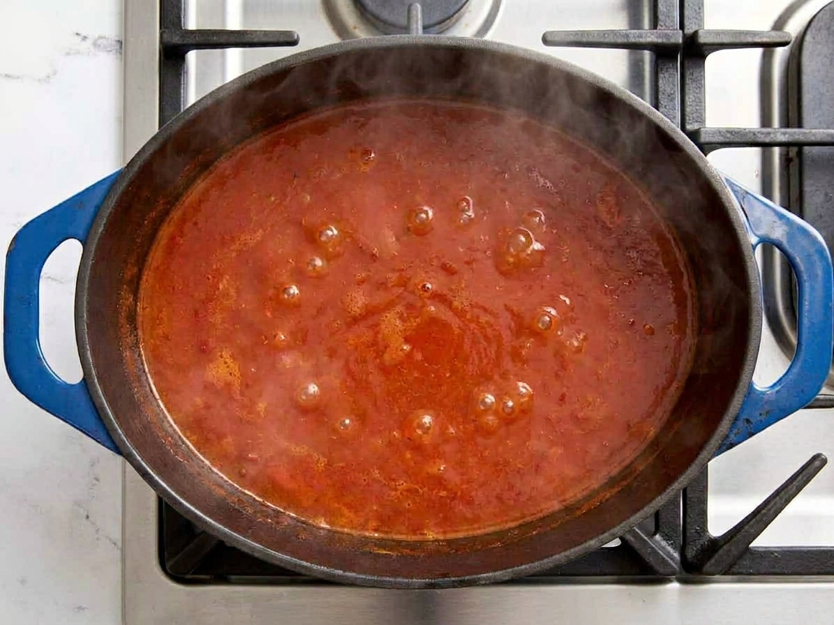 Tomato soup base gently simmering in a pot on the stove with small bubbles and steam