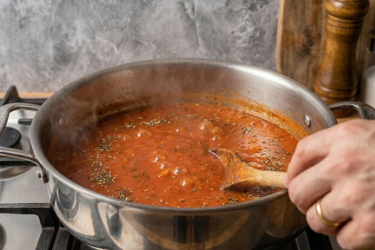 Tomato soup base gently simmering in a pot with small bubbles and visible herbs