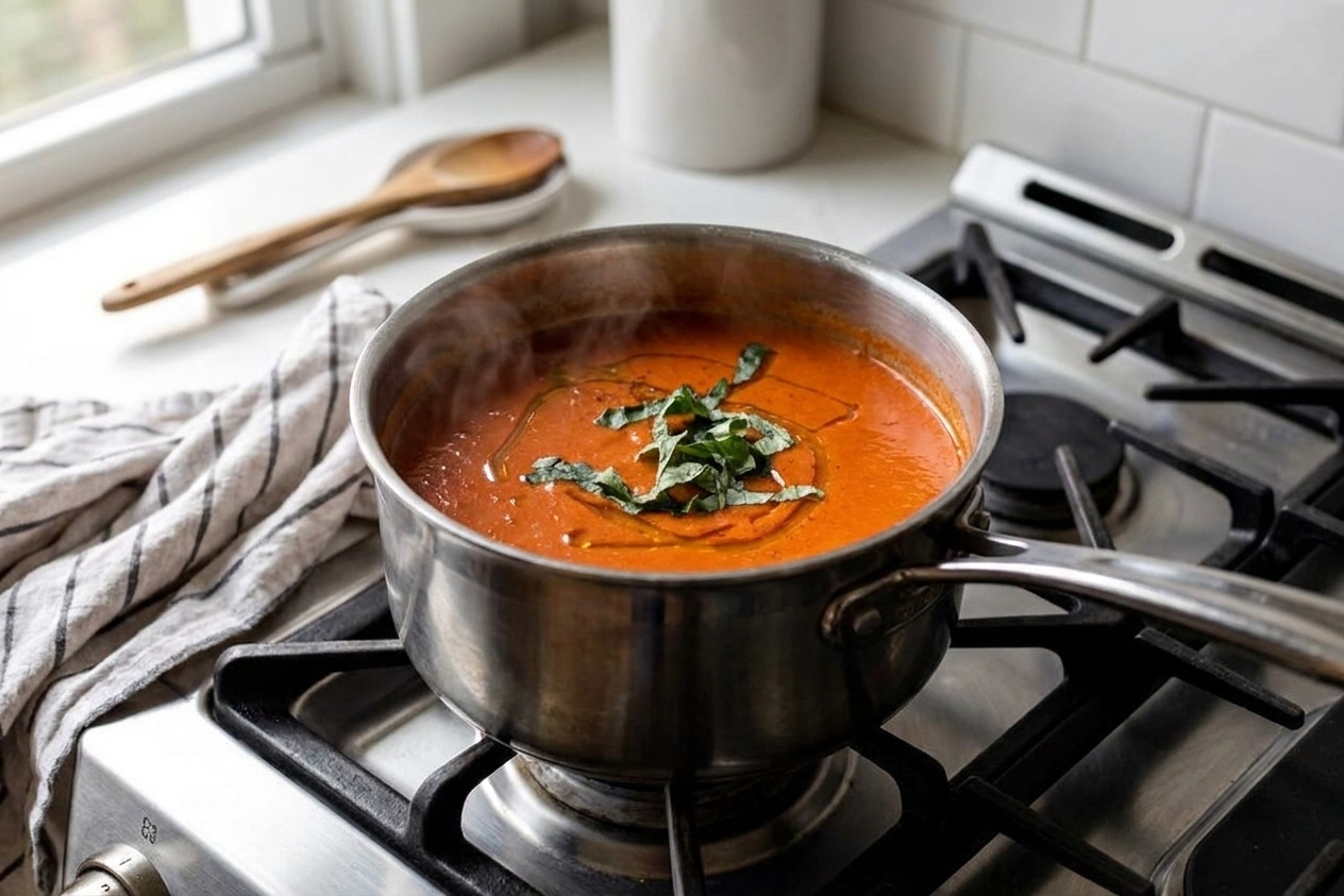 Tomato soup gently simmering in a stainless steel pot on a home stovetop
