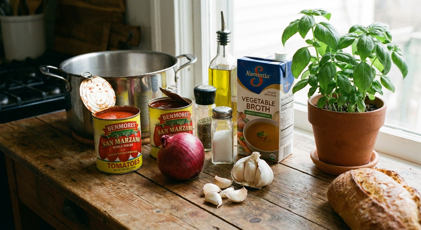 Tomato soup ingredients on a kitchen counter including canned tomatoes, onion, garlic, broth, and basil