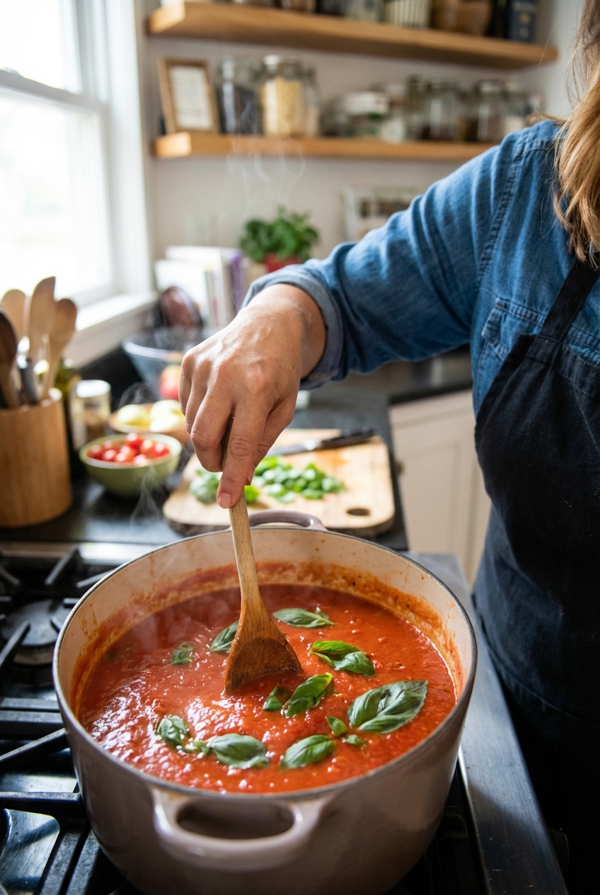 Tomato soup simmering in a pot with visible basil leaves and a wooden spoon stirring