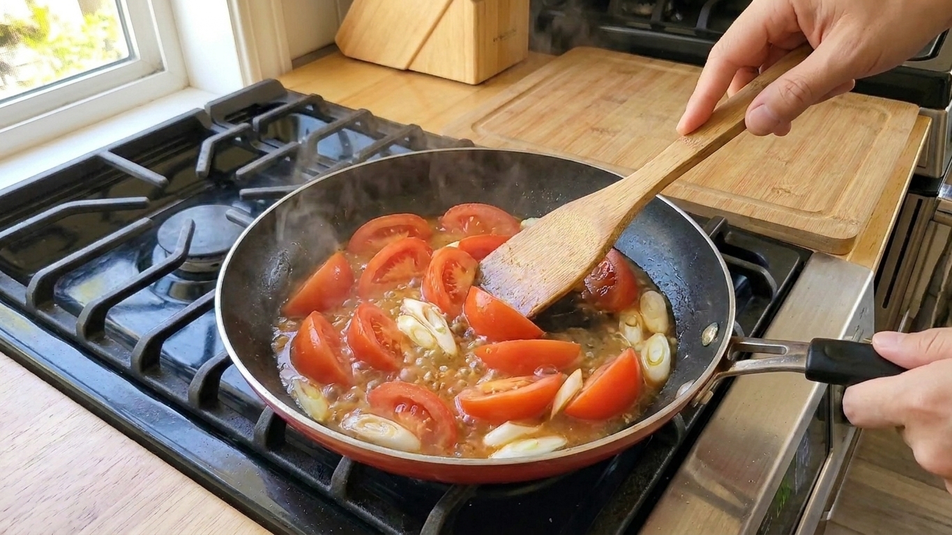 Tomato wedges cooking in a skillet with sliced scallion whites, beginning to soften and release juices