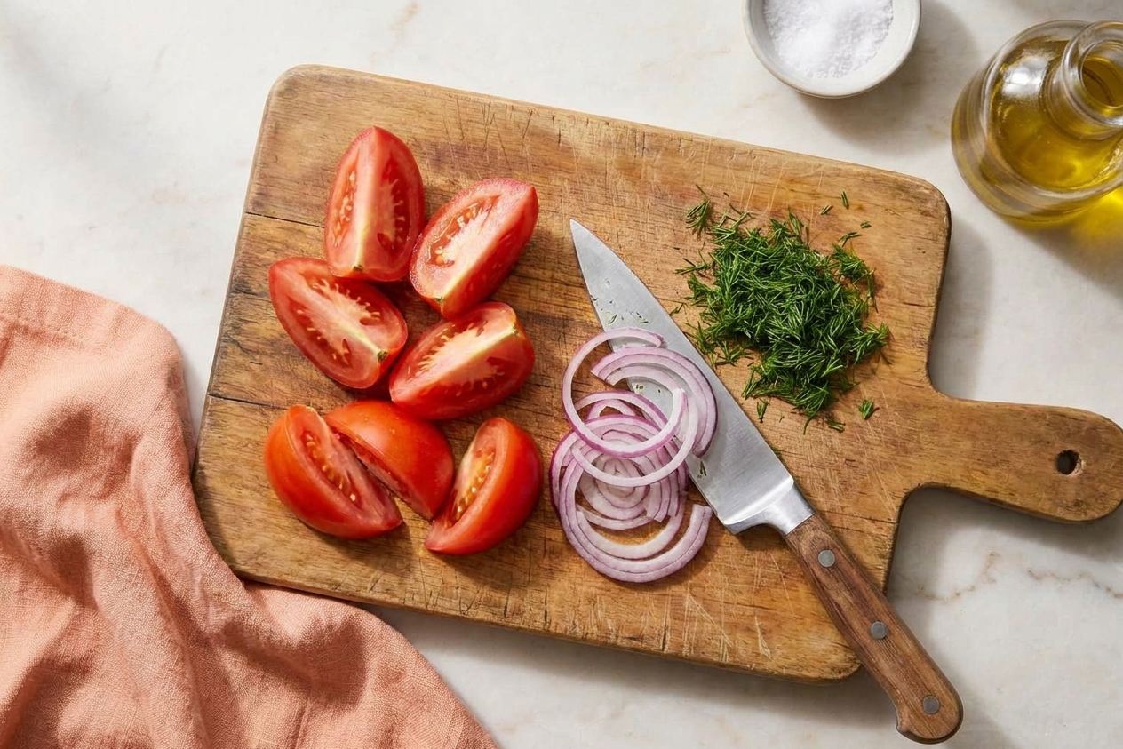 Tomato wedges, thinly sliced red onion, and chopped dill on a cutting board with a chef's knife