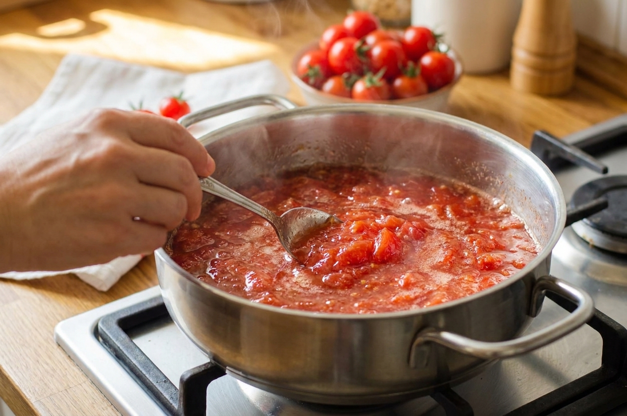 Tomatoes and sugar simmering in a wide stainless steel pot on a stovetop as a spoon stirs the mixture