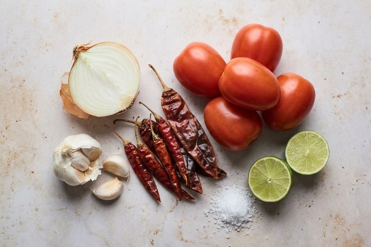 Tomatoes, dried guajillo chiles, dried arbol chiles, white onion, garlic, lime, and salt arranged on a clean kitchen counter in natural light