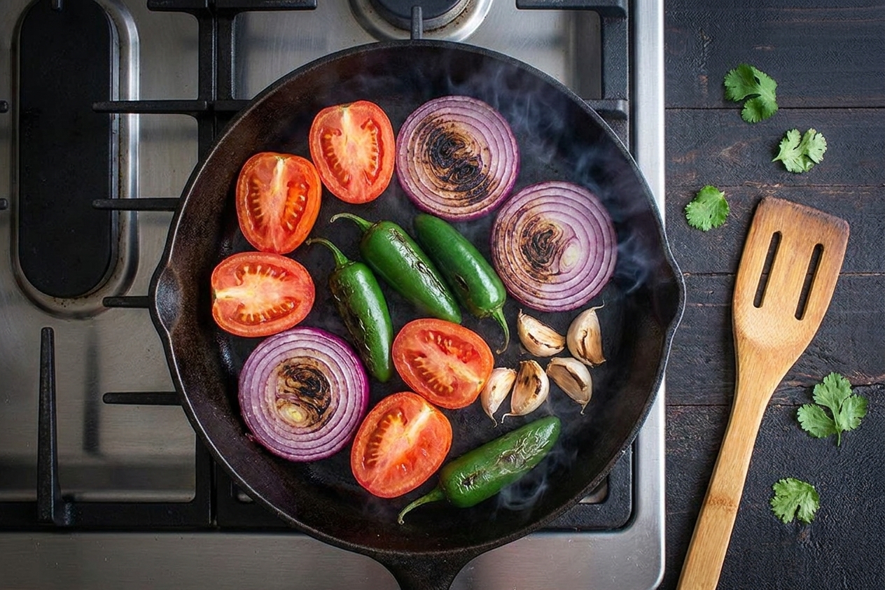 Tomatoes, onion, jalapeno, and garlic charring in a cast iron skillet on a stovetop
