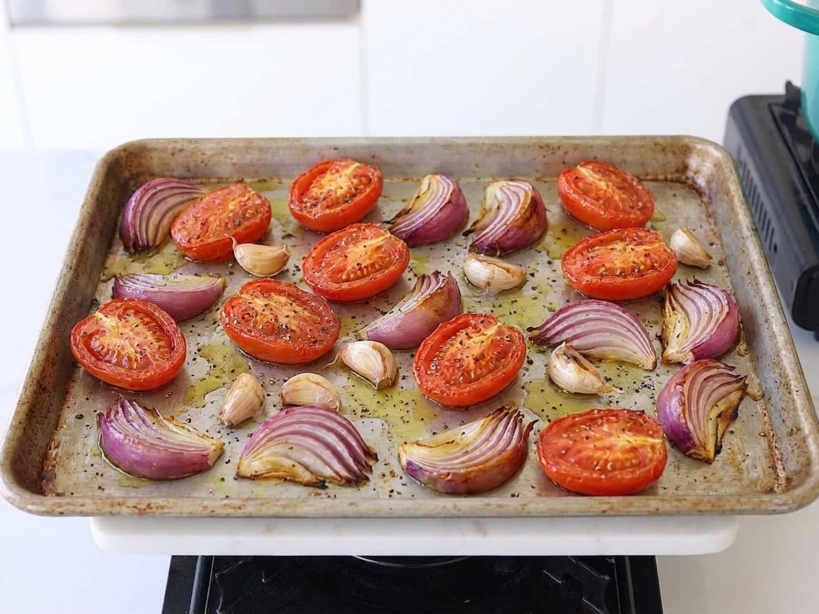 Tomatoes, onion wedges, and garlic cloves roasting on a sheet pan with olive oil and black pepper, edges lightly caramelized
