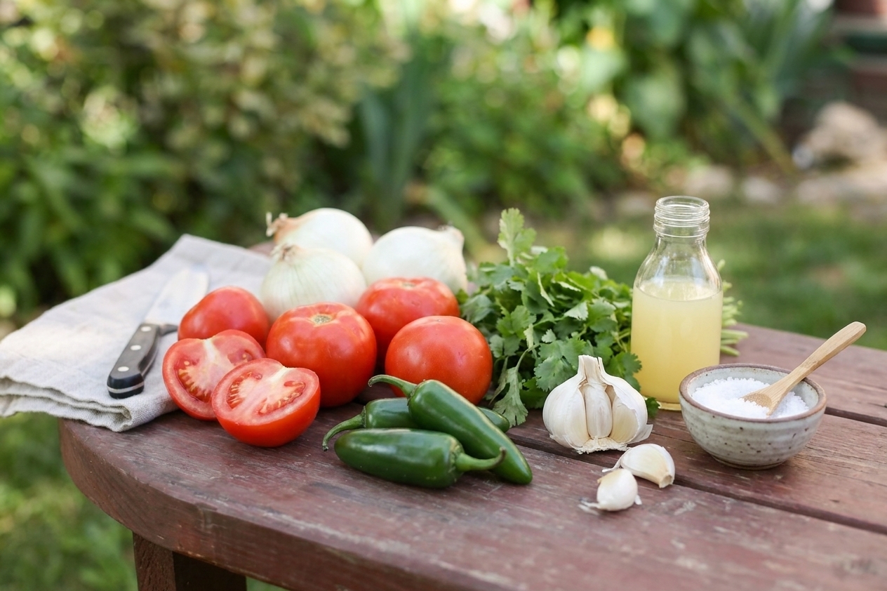 Tomatoes, onions, jalapeños, cilantro, garlic, bottled lemon or lime juice, and salt laid out for homemade salsa