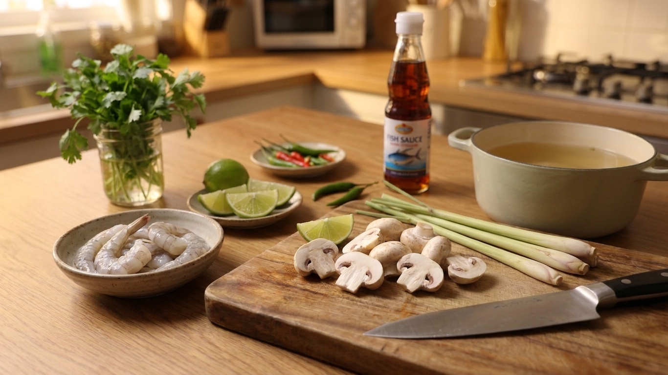 Tomyam ingredients laid out on a kitchen counter including shrimp, mushrooms, lemongrass, limes, cilantro, Thai chiles, fish sauce, and broth