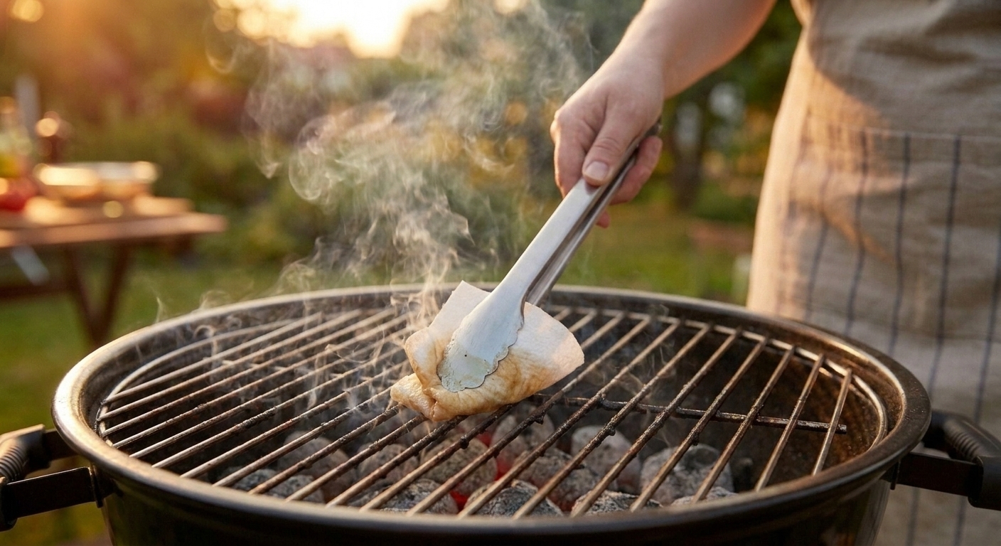 Tongs holding an oiled paper towel wiping hot grill grates on an outdoor grill just before cooking