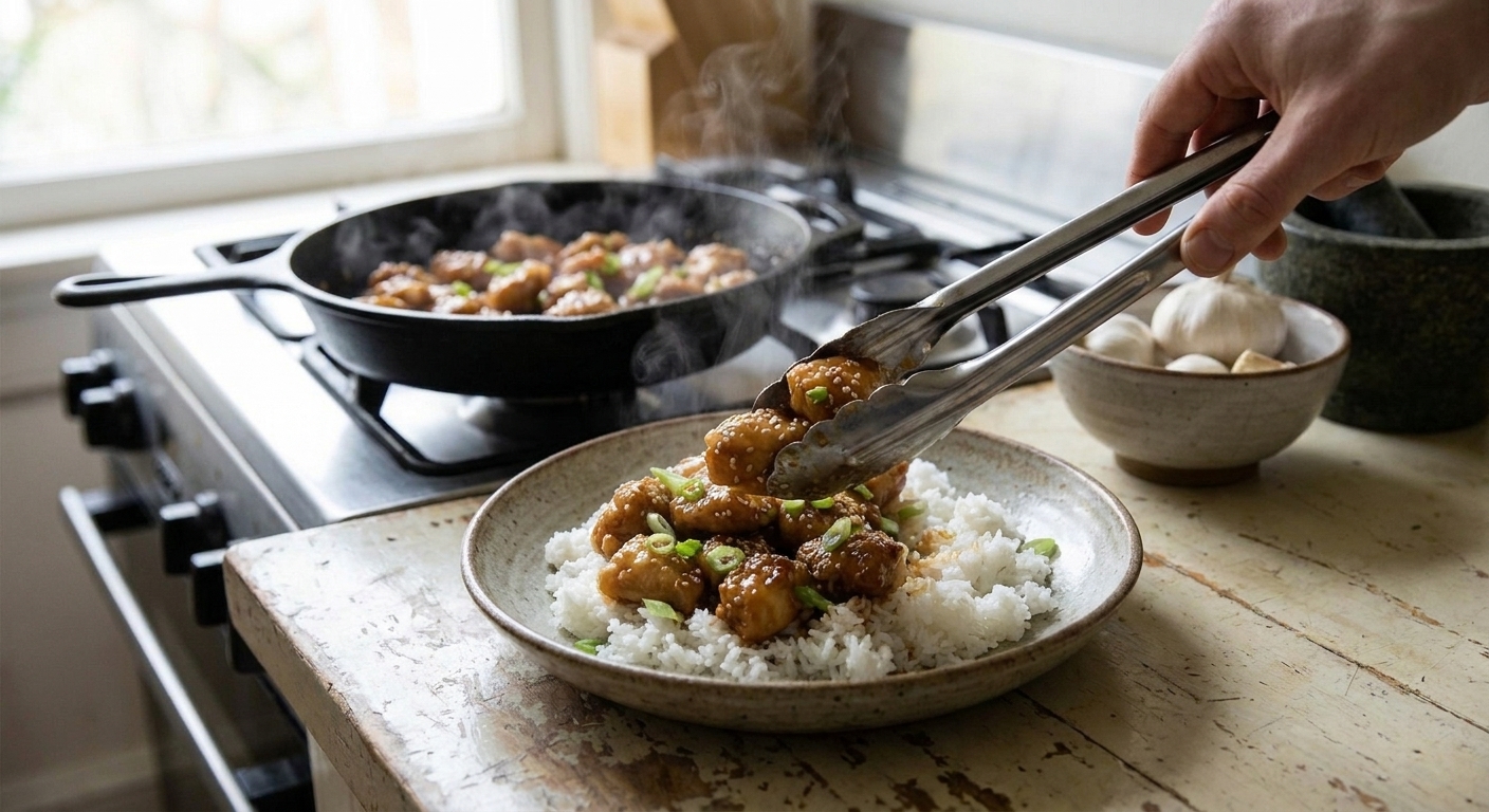 Tongs lifting honey garlic chicken from a skillet onto a plate on a kitchen counter