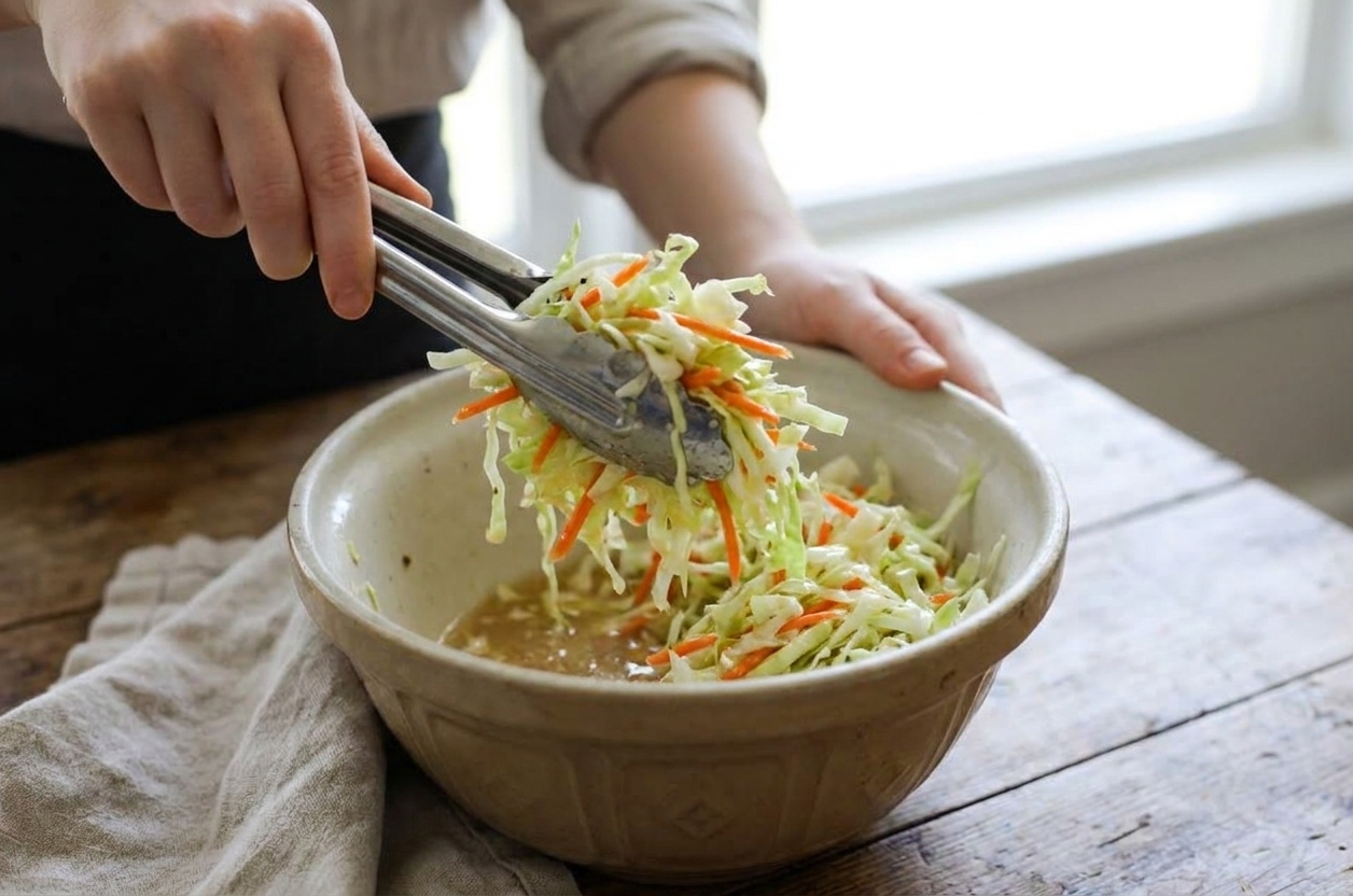 Tongs tossing cabbage and carrots with vinegar dressing in a large bowl
