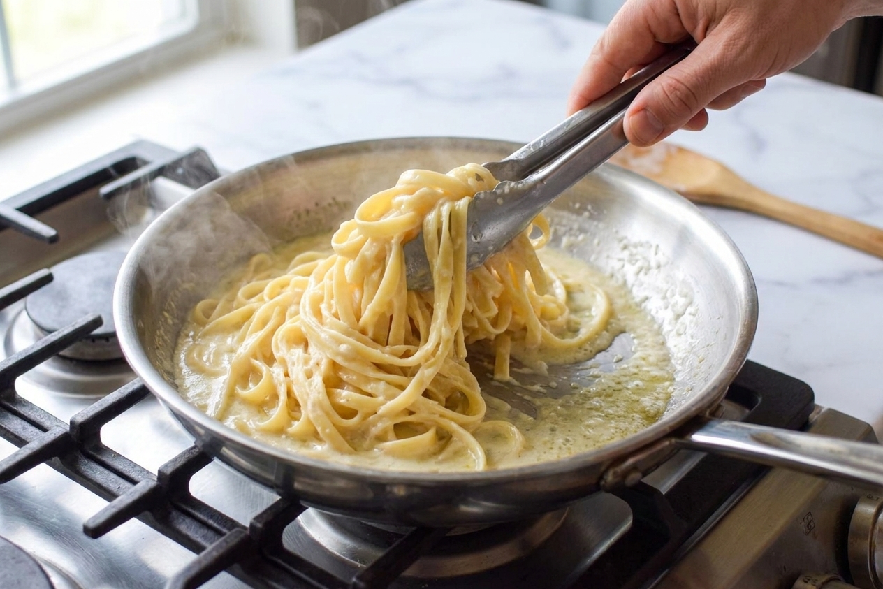 Tongs tossing fettuccine in a creamy Parmesan sauce in a wide skillet with steam rising