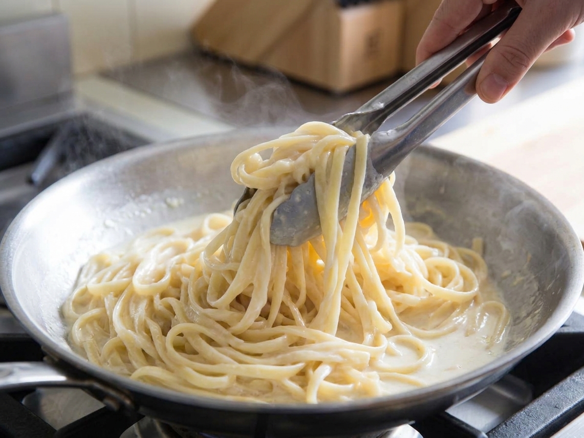 Tongs tossing fettuccine through creamy Alfredo sauce until glossy and coated