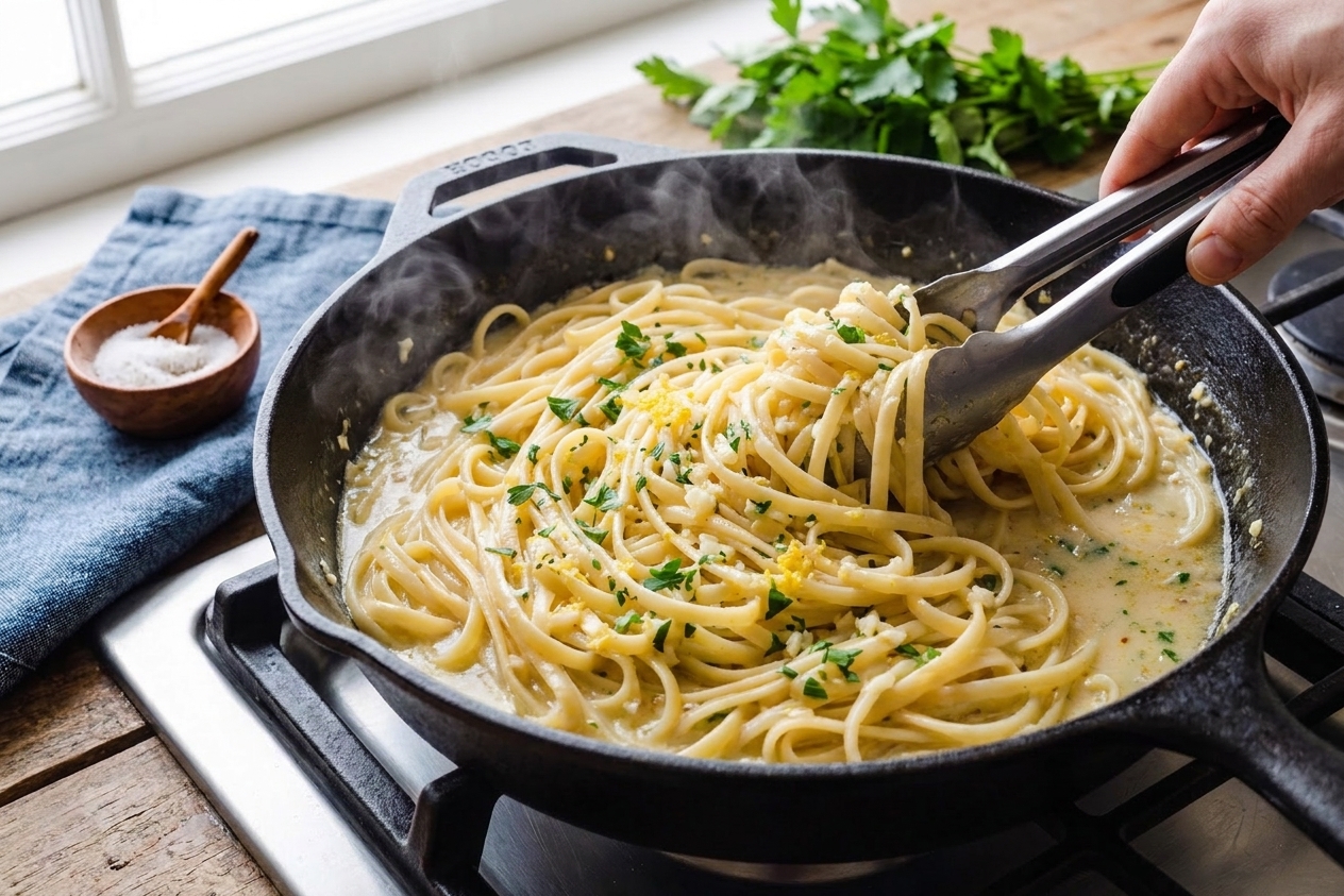 Tongs tossing linguine in a creamy lemon garlic sauce in a large skillet on the stove