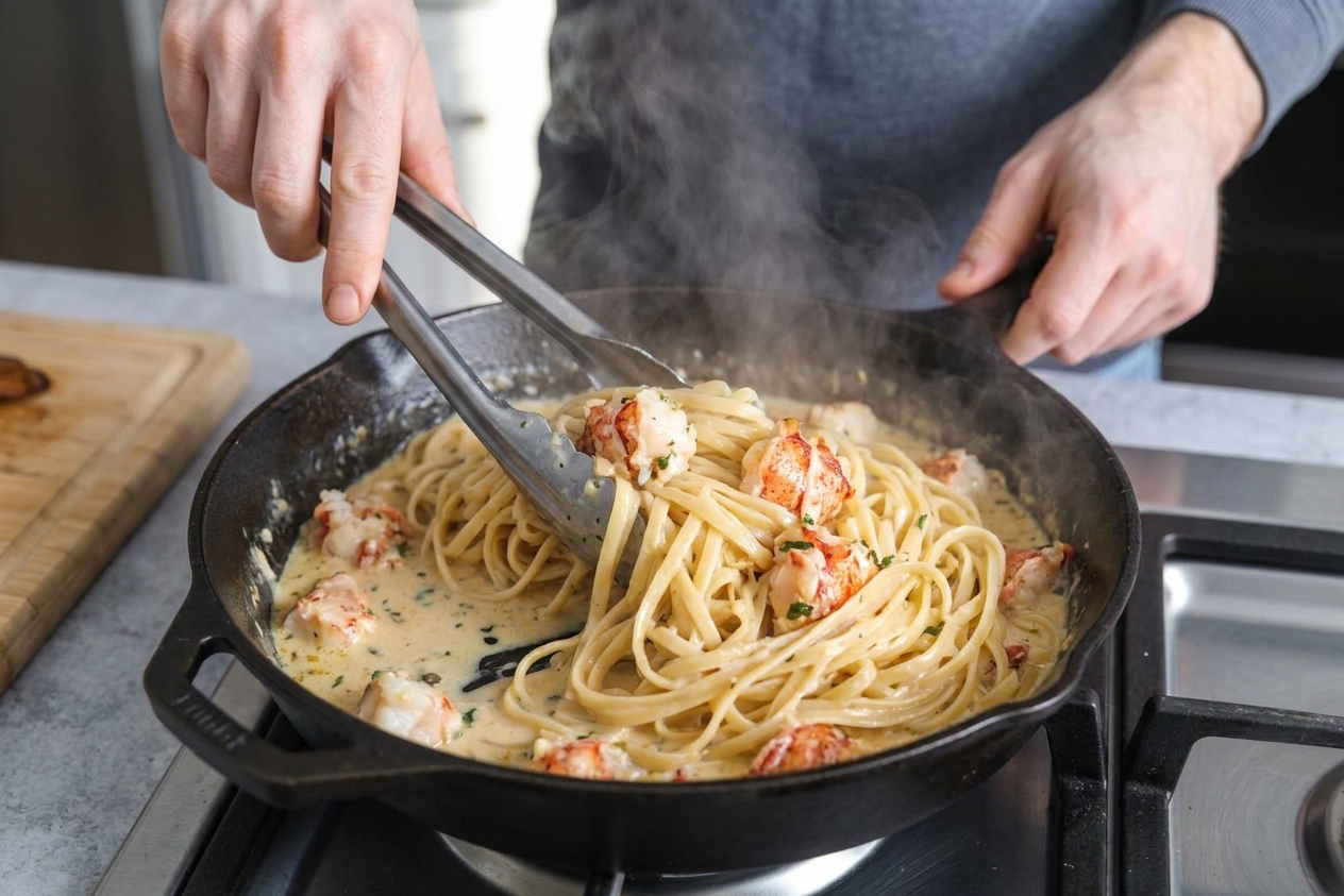 Tongs tossing linguine in a creamy sauce inside a large skillet, with steam rising under warm kitchen lighting