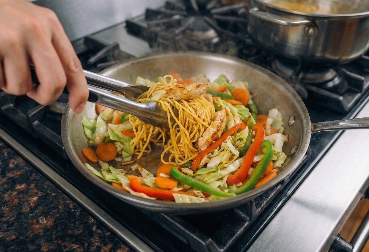 Tongs tossing lo mein noodles with vegetables and chicken in a skillet as the sauce turns glossy