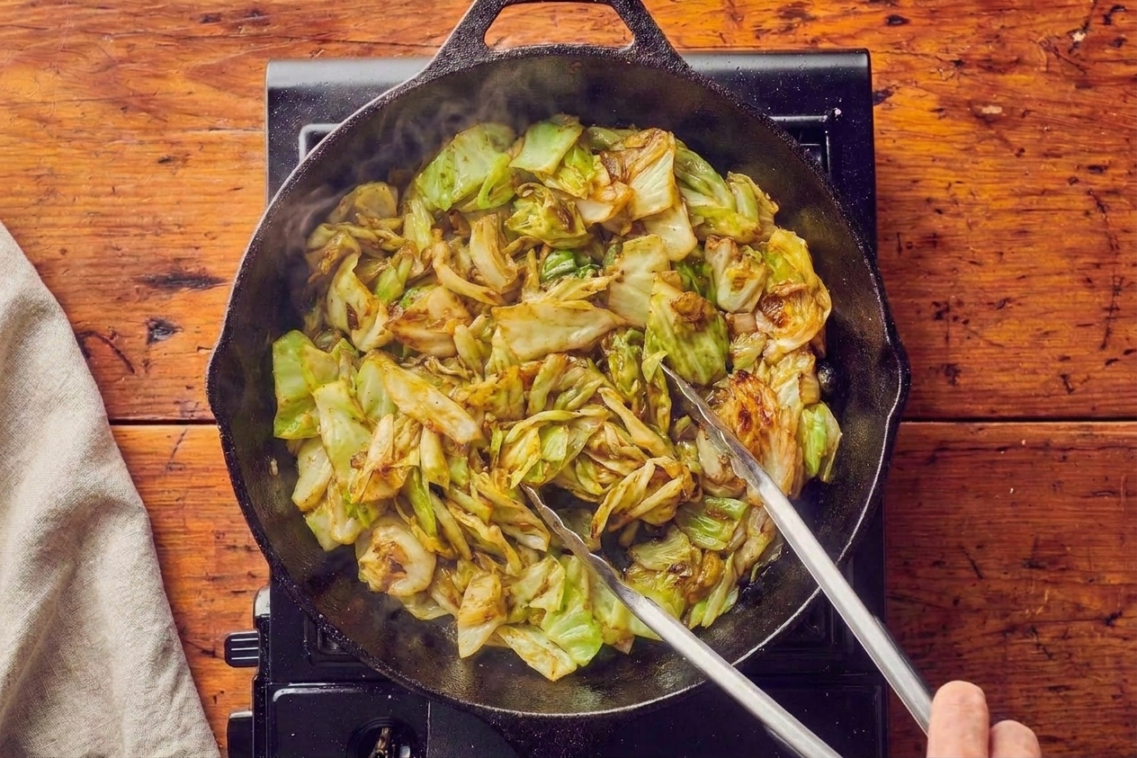 Tongs tossing sauteed cabbage in a skillet as it finishes cooking, with glossy strands and browned edges