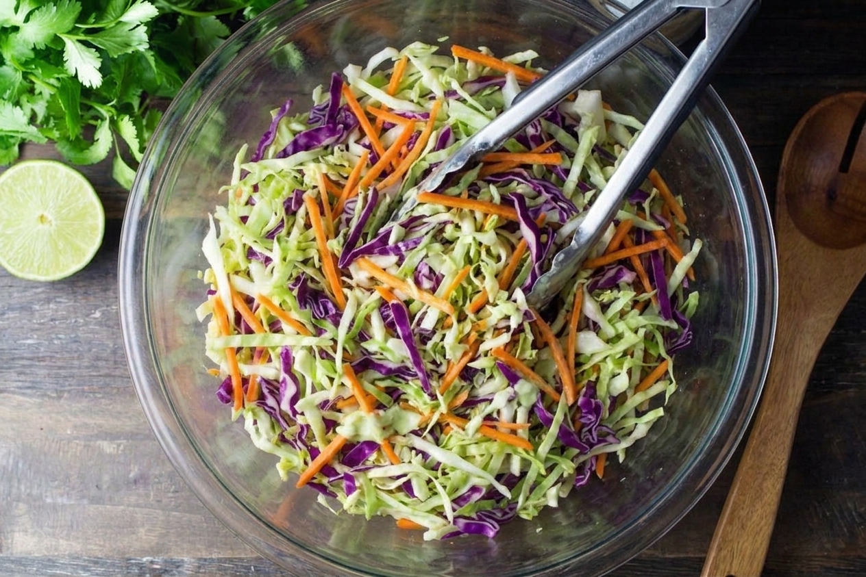 Tongs tossing shredded cabbage with creamy lime dressing in a large mixing bowl