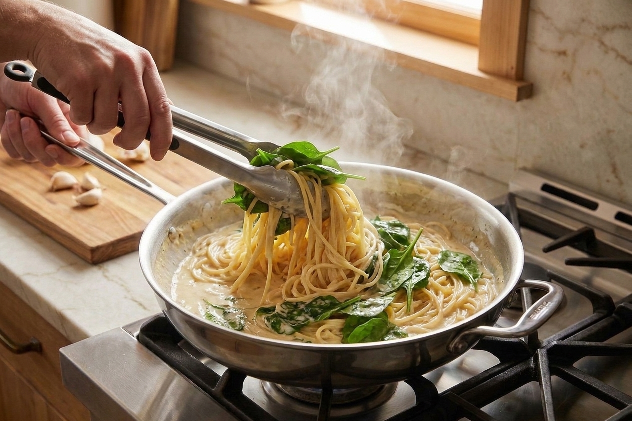 Tongs tossing spaghetti in a creamy sauce in a large skillet, with spinach wilting into the pasta