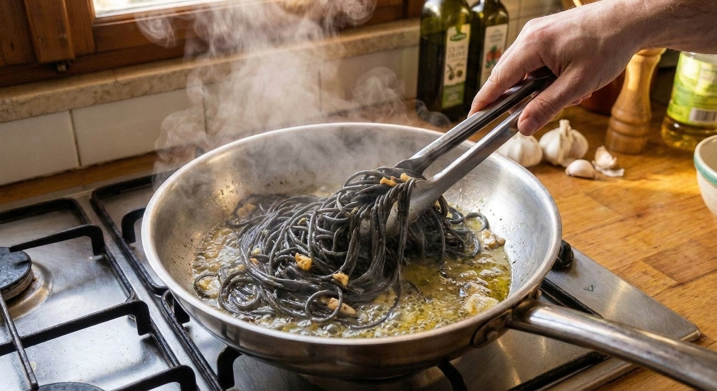Tongs tossing squid ink spaghetti in a skillet with a glossy lemon butter sauce on a stovetop