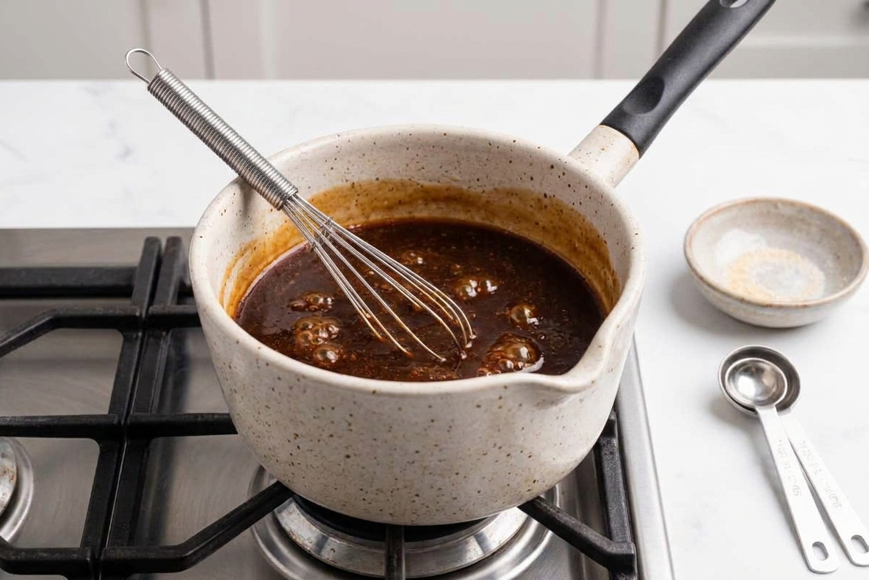 Tonkatsu sauce gently simmering in a small saucepan on the stovetop with a whisk resting inside