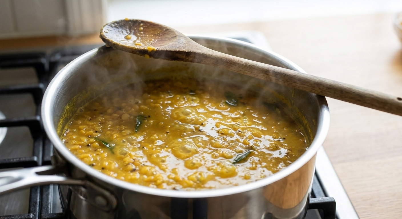 Toor dal simmering in a stainless steel pot with a wooden spoon resting on the rim
