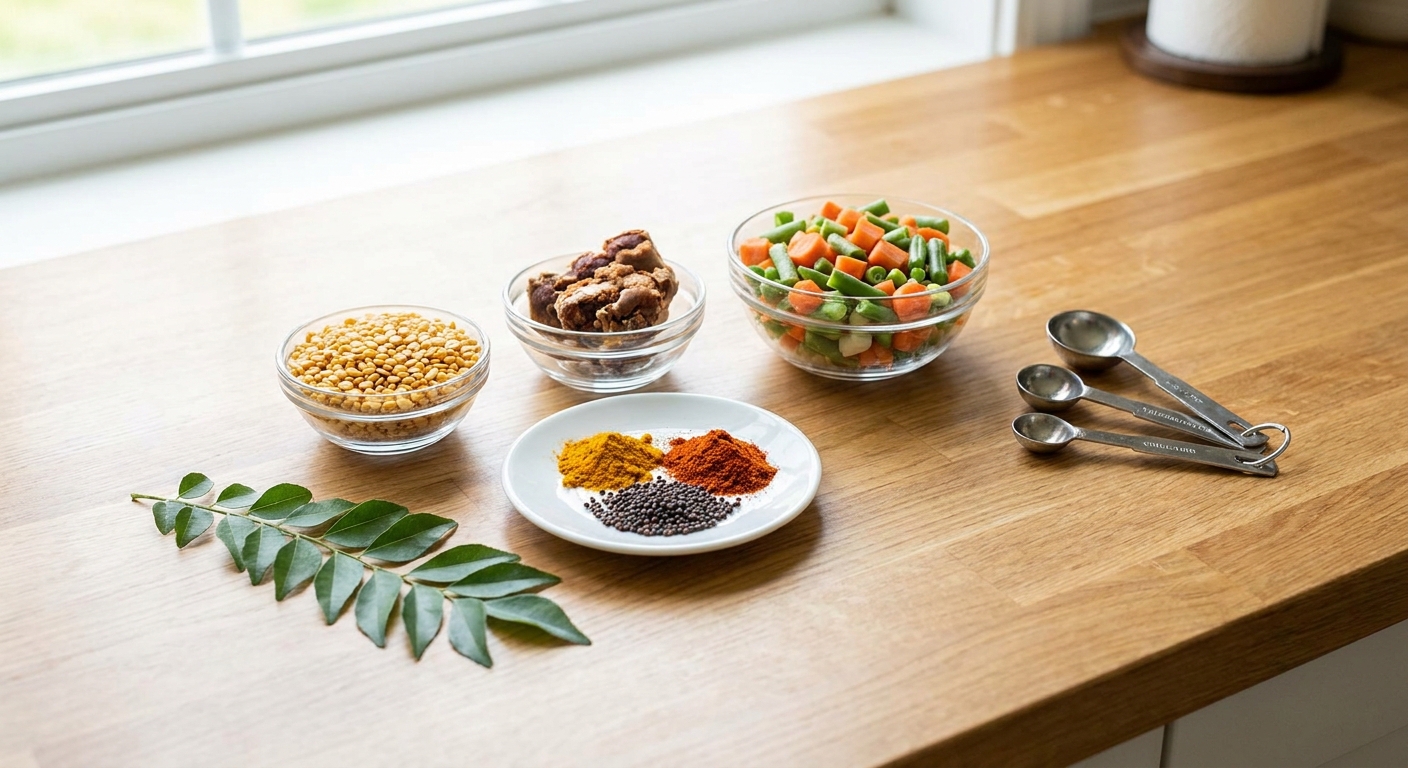Toor dal, tamarind, mixed vegetables, spices, and curry leaves arranged on a clean kitchen counter with measuring spoons