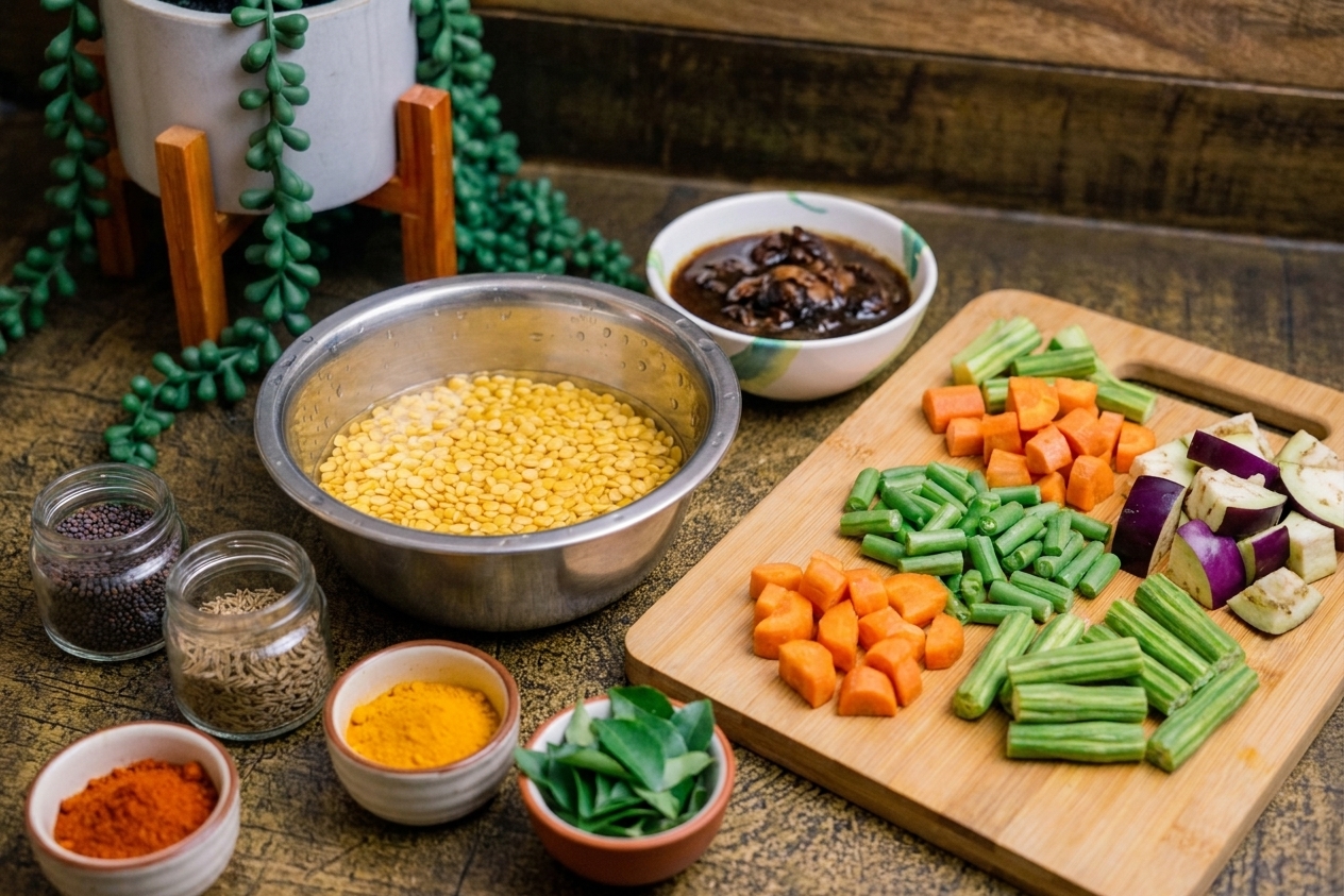 Toor dal, tamarind, mixed vegetables, spices, and fresh curry leaves arranged on a home kitchen counter before cooking