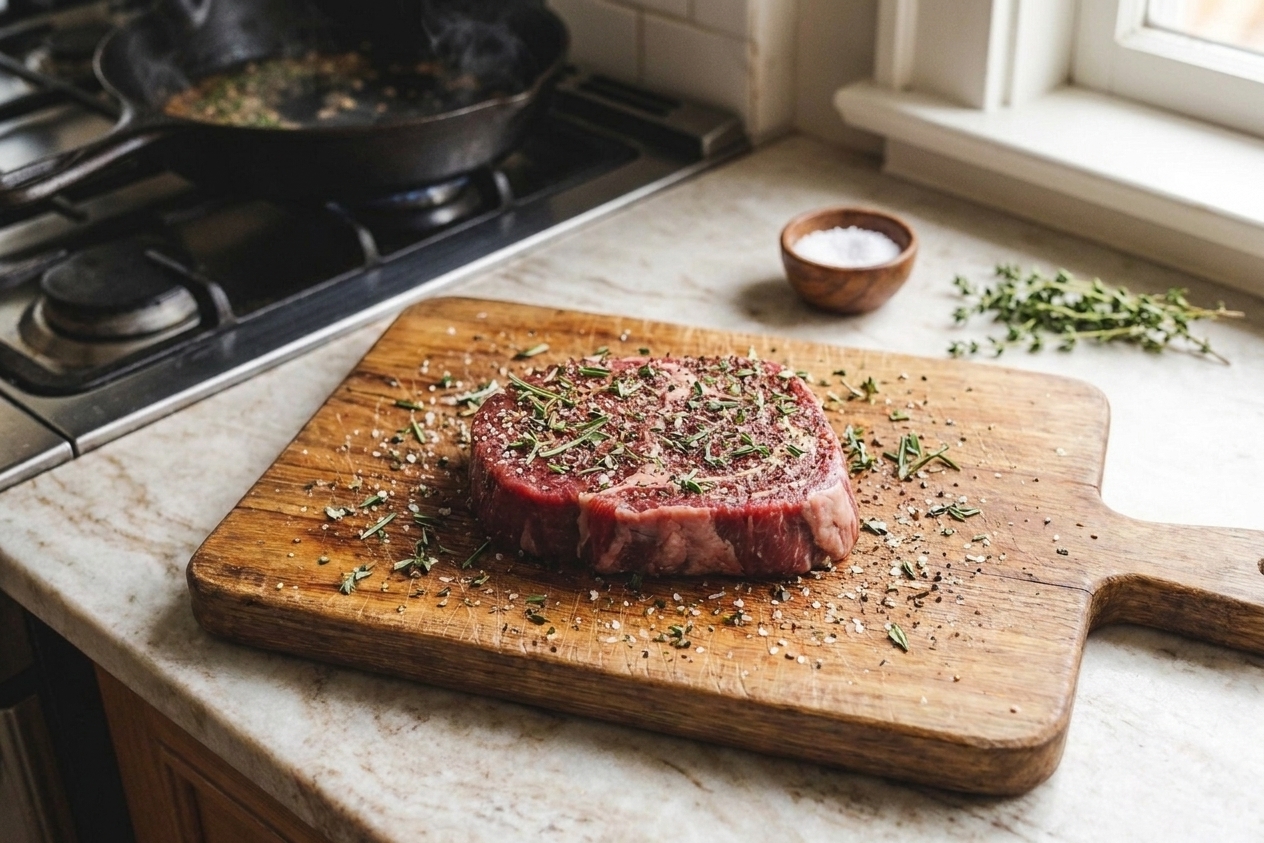Top round steak on a cutting board coated evenly with salt, pepper, and seasoning while a cast iron skillet heats on the stove