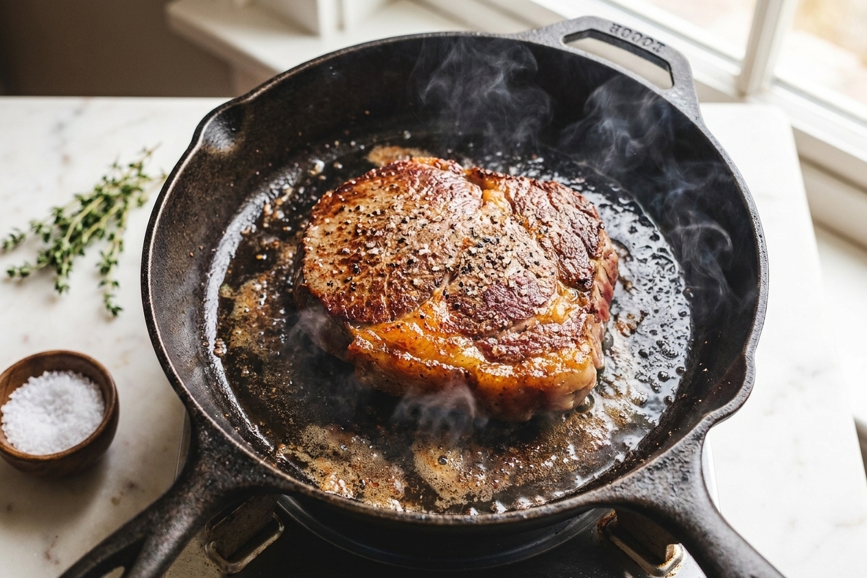 Top round steak sizzling in a cast iron skillet as a browned crust forms