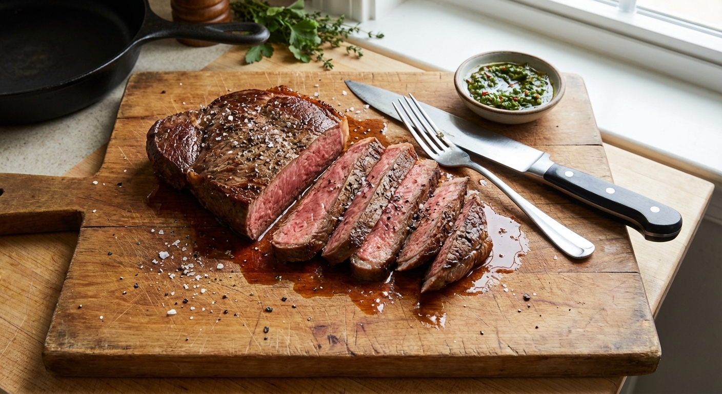 Top sirloin steak sliced against the grain on a wooden cutting board with juices pooling lightly, realistic food photograph