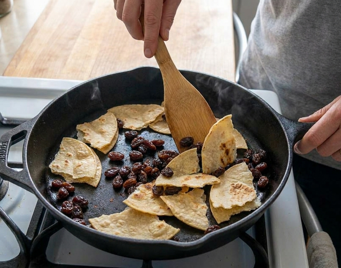 Torn corn tortillas and raisins toasting in a skillet until the tortillas are lightly browned