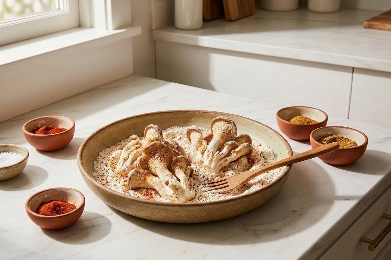 Torn oyster mushroom clusters coated in a seasoned flour mixture in a shallow bowl, with a fork and spice jars nearby