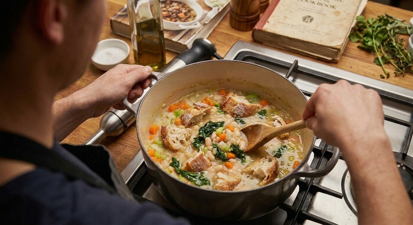 Torn pieces of rustic bread being stirred into a pot of bean and kale soup as it thickens