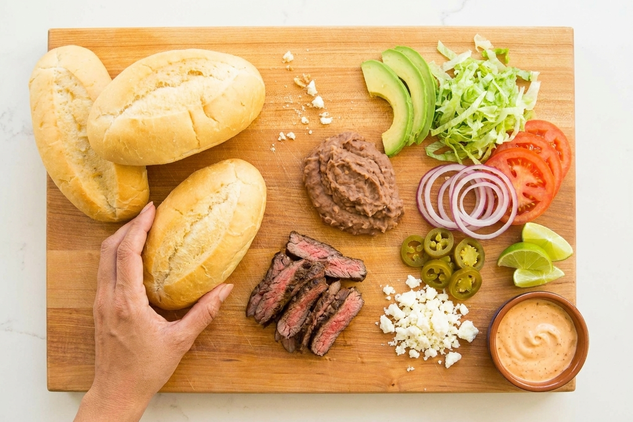 Torta ingredients arranged on a kitchen counter, including bolillo rolls, sliced steak, refried beans, avocado, lettuce, tomato, onion, pickled jalapeños, cheese, limes, and a small bowl of chipotle mayo