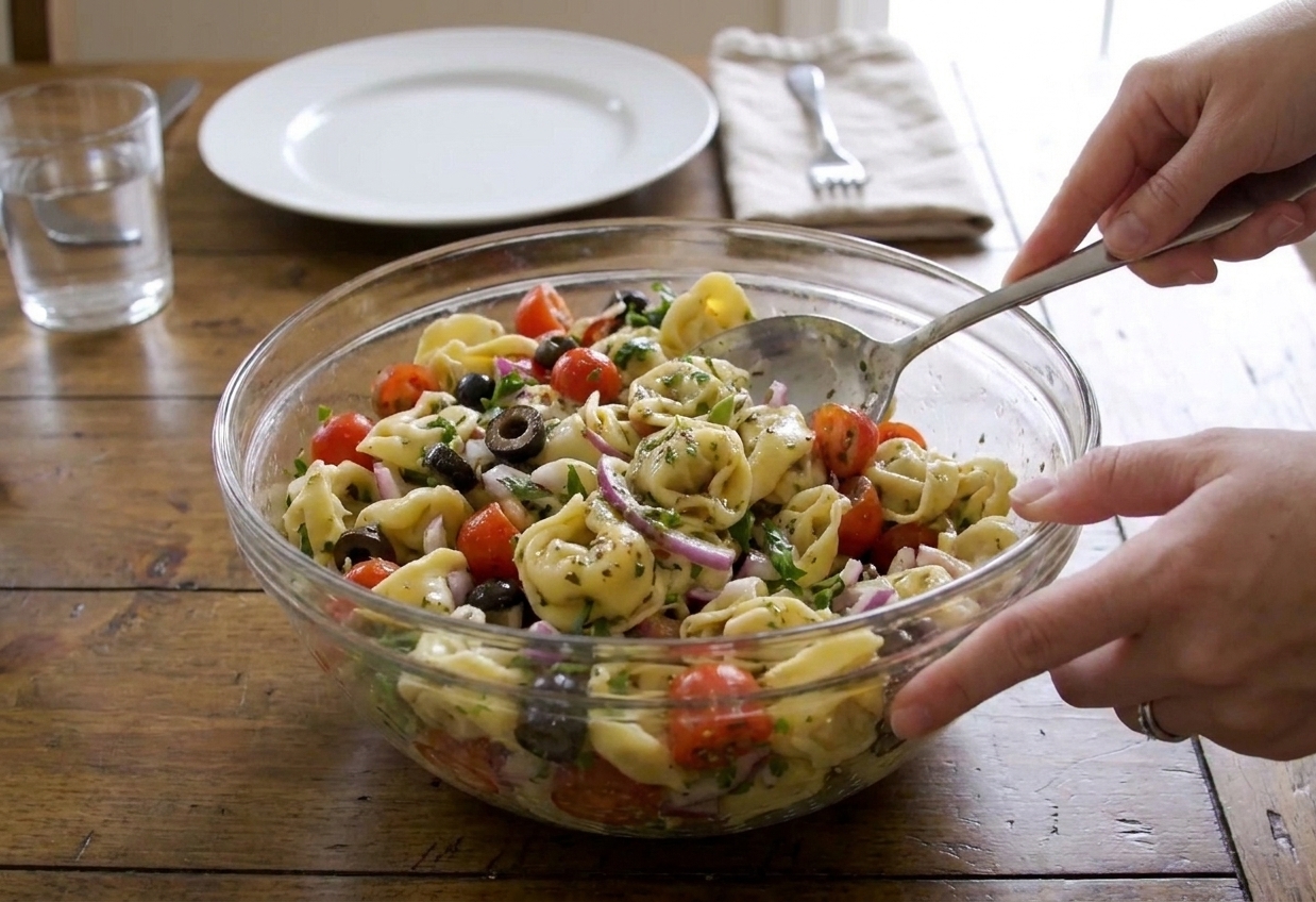 Tortellini pasta salad served in a large bowl on a dining table with a serving spoon and simple table setting