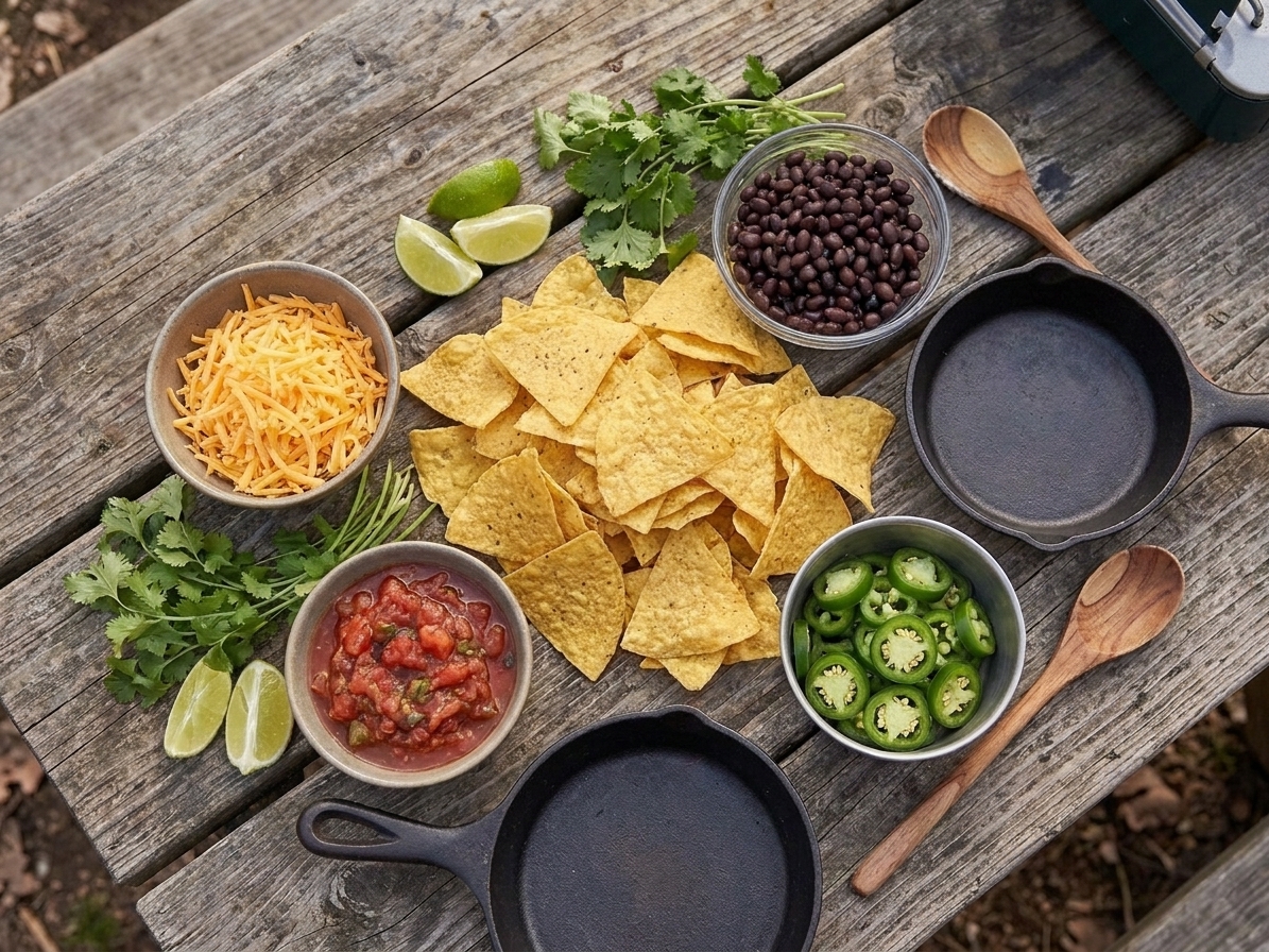 Tortilla chips, shredded cheese, black beans, salsa, and sliced jalapeños arranged on a picnic table
