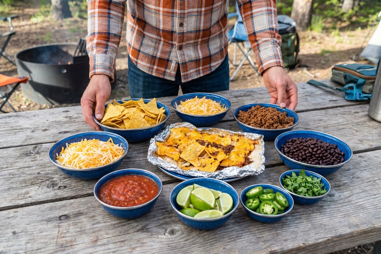 Tortilla chips, shredded cheese, cooked ground beef, black beans, jalapeños, salsa, lime, and cilantro arranged on a picnic table at a campsite